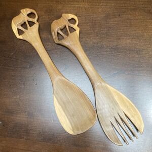 AFRICAN HAND CARVED KENYAN OLIVE WOOD ELEPHANT SALAD SERVERS 2PC SET 12"